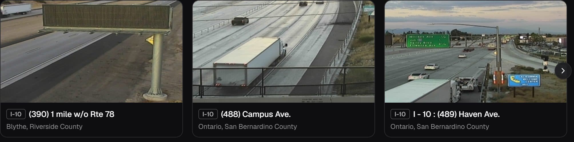 Three live camera pictures side by side, each labelled with its road and town