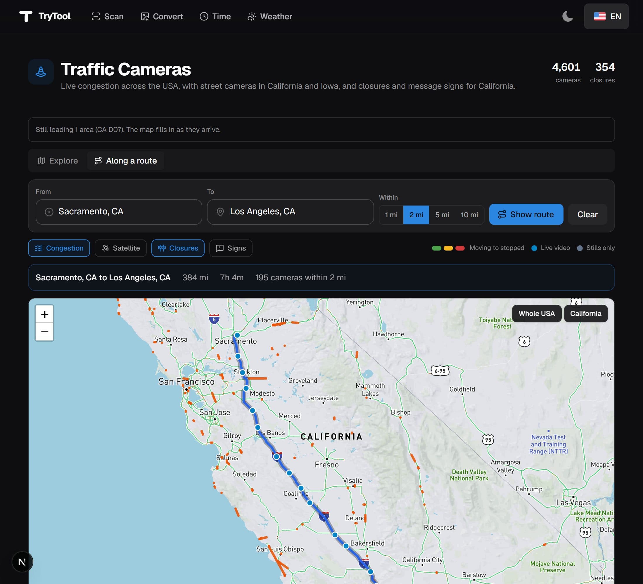 A planned drive from Sacramento to Los Angeles, 384 miles, with 195 cameras along it